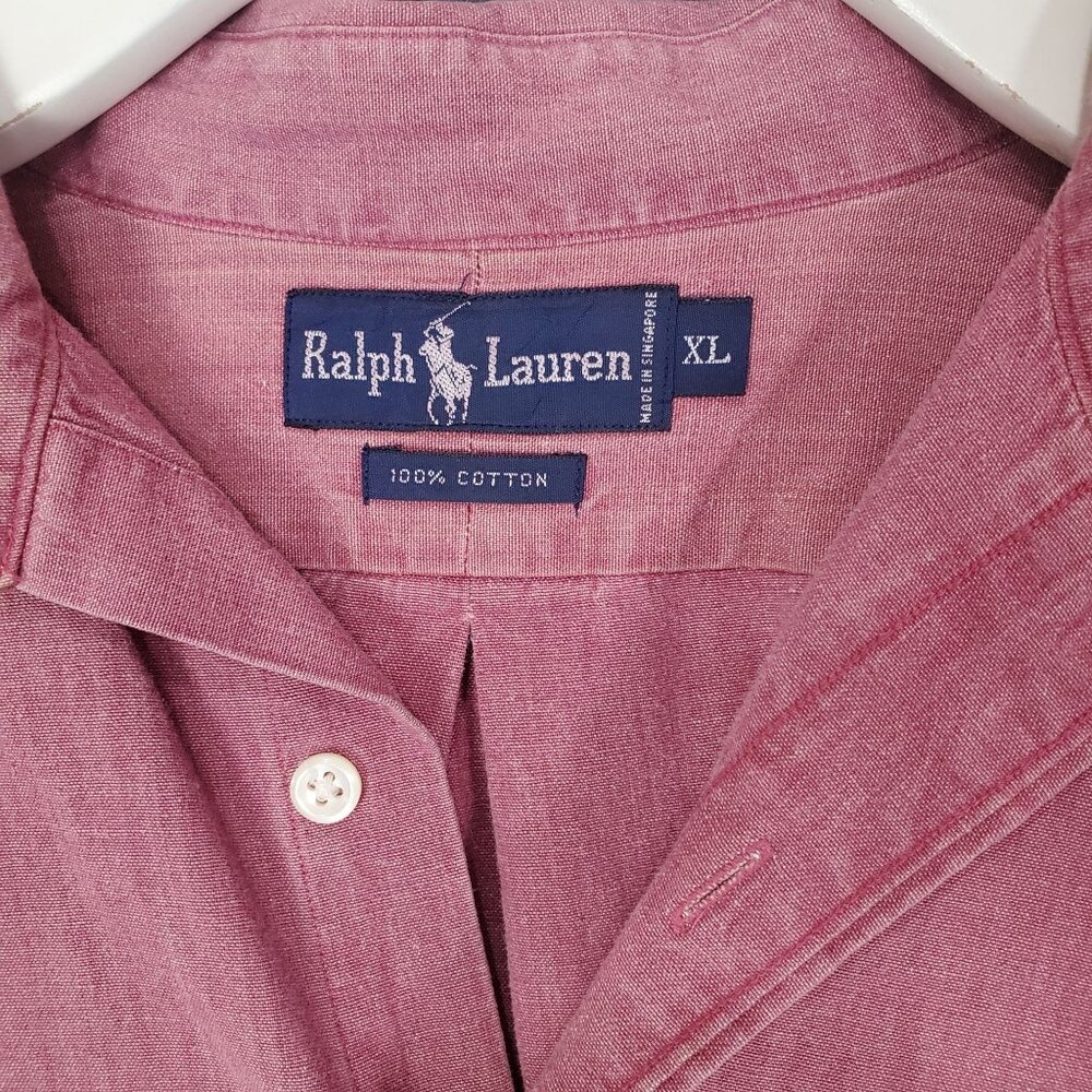 RALPH LAUREN Mens Button‎ Up XL Chambray Salmon Short Sleeve Collar Cotton Logo - Picture 3 of 10